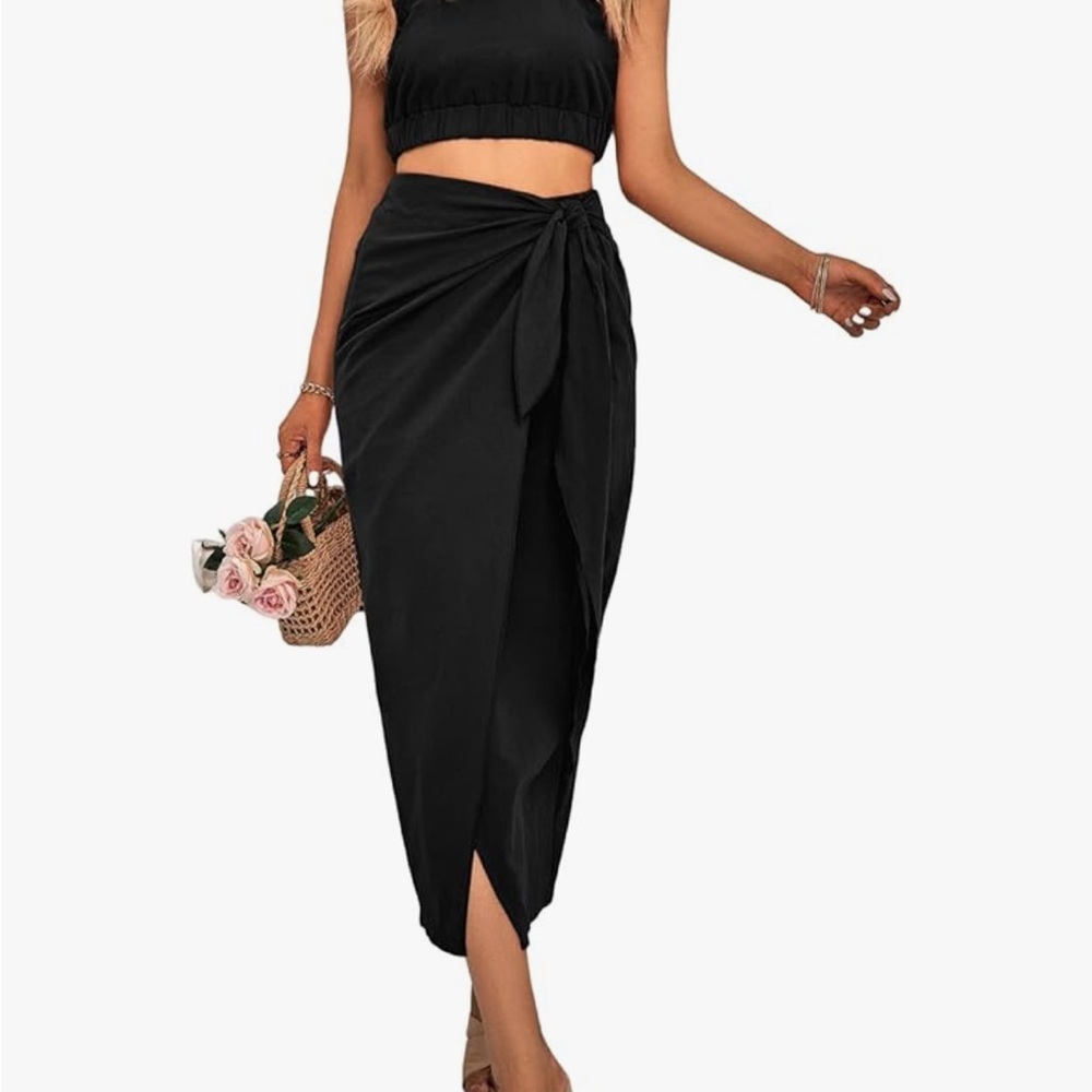 Women’s Black Tie-Waist Midi Skirt Set